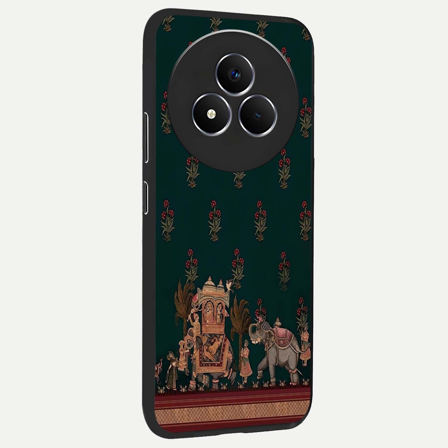 Macmerise Glass Case upright view showcasing bold artistic artwork with contemporary design theme.