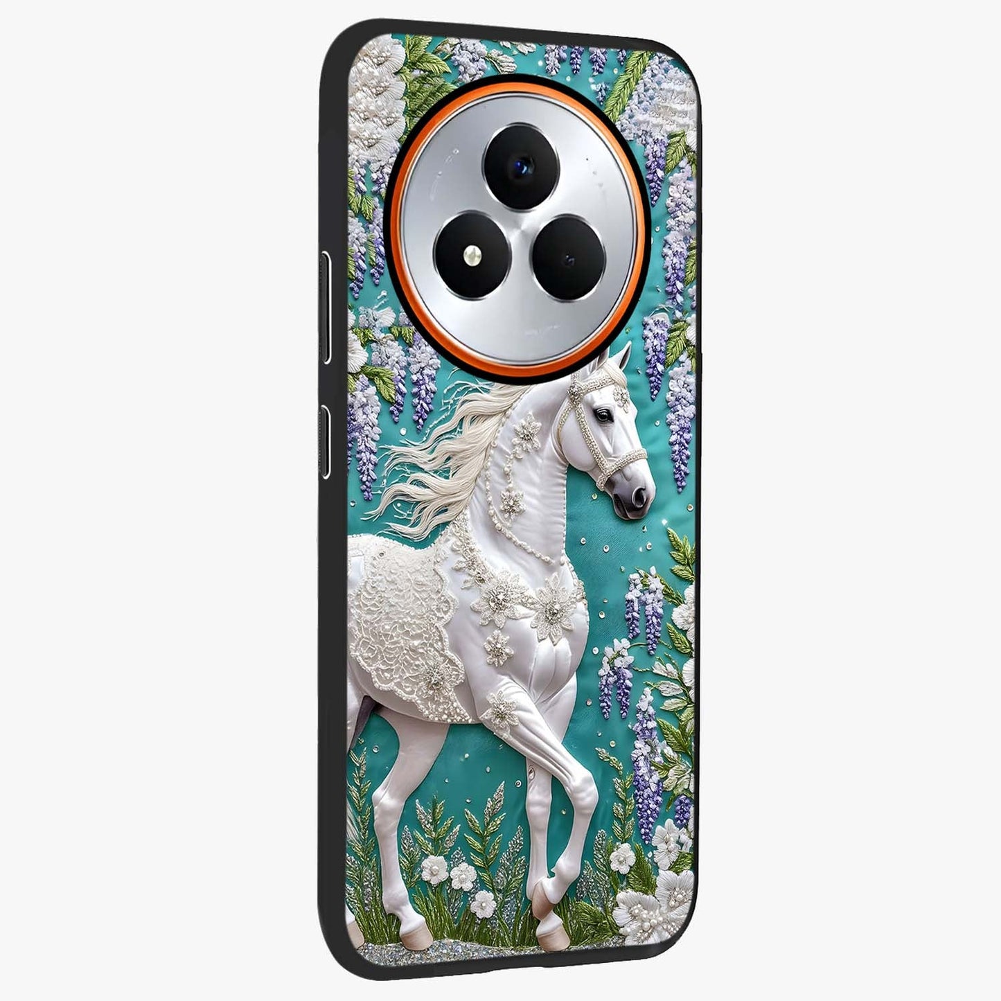 Majestic Floral Stallion Glass Case upright view showcasing dramatic horse artwork with decorative floral theme.