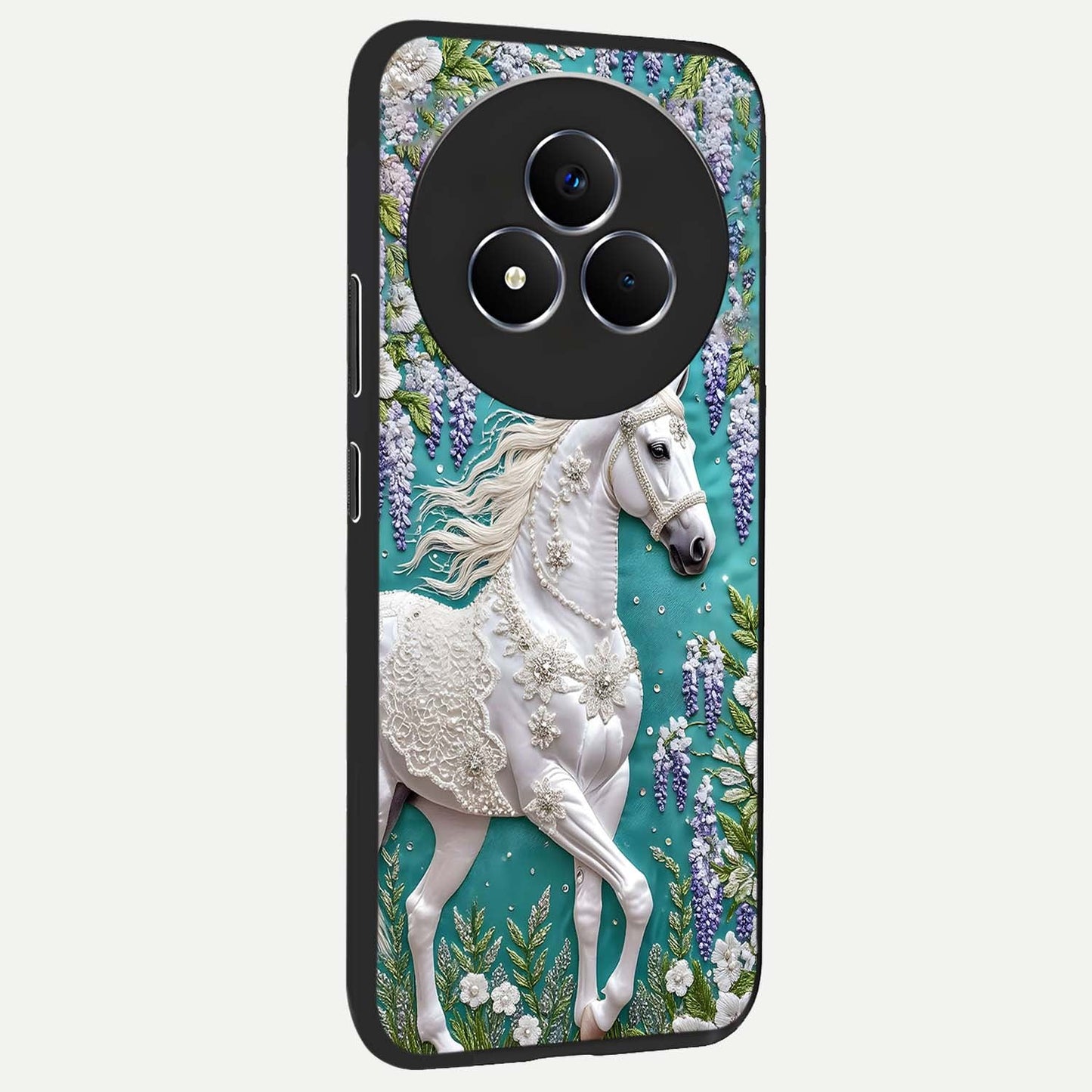 Majestic Floral Stallion Glass Case upright view showcasing dramatic horse artwork with decorative floral theme.