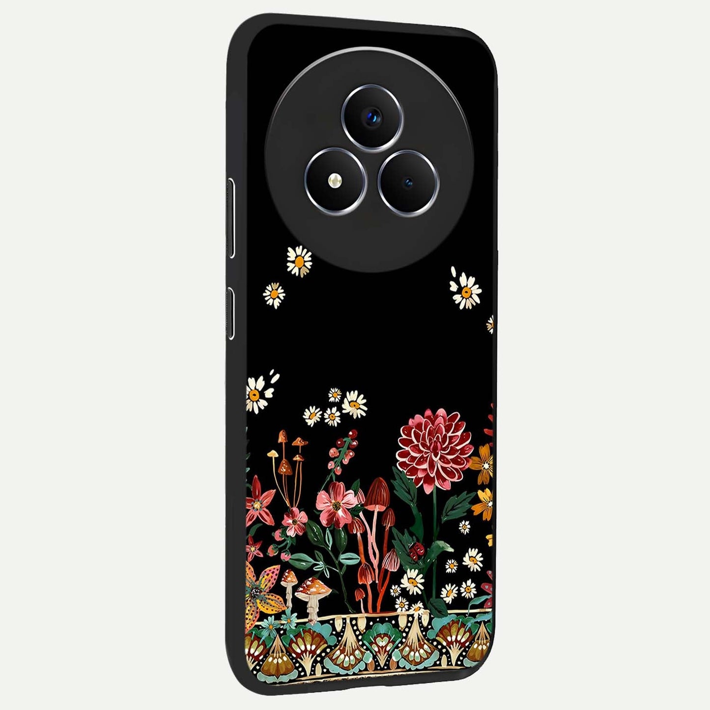 Midnight Bloom Pattern Glass Case upright view showcasing decorative floral artwork with deep night themed palette.