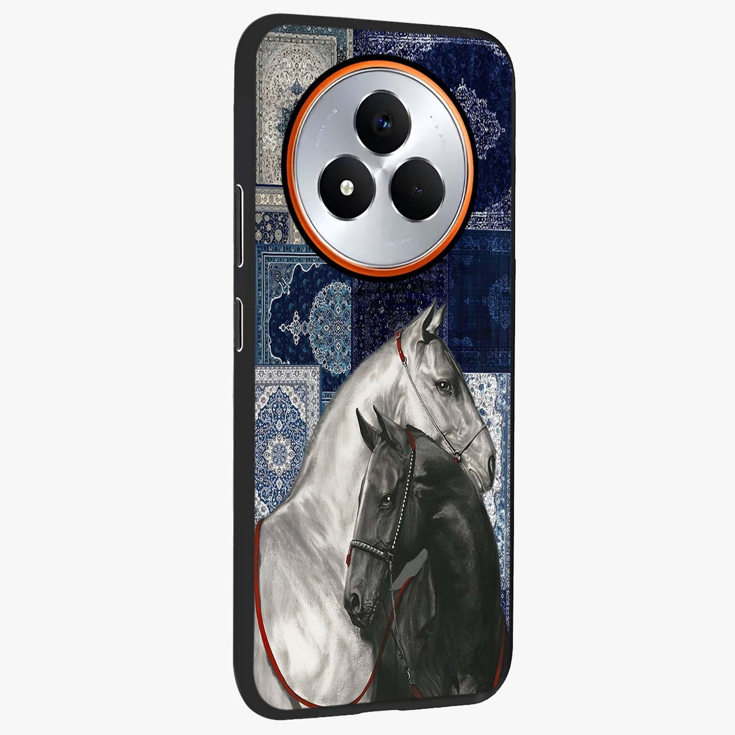 Midnight Stallion Blues Glass Case upright view showcasing dramatic horse artwork with bold artistic theme.