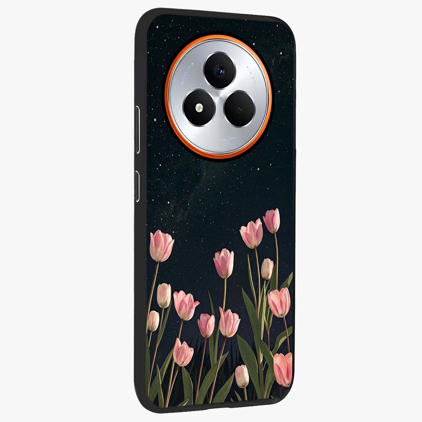 Midnight Tulip Whispers Vibe Glass Case upright view showcasing graceful tulip artwork with calm botanical theme.
