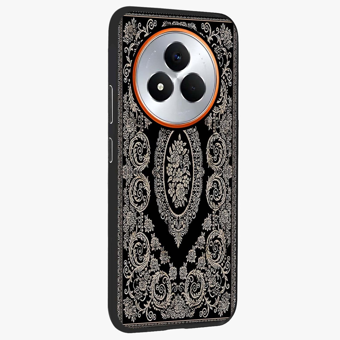 Noir Bloom Elegance Glass Case upright view showcasing graceful floral artwork with luxurious dark theme.