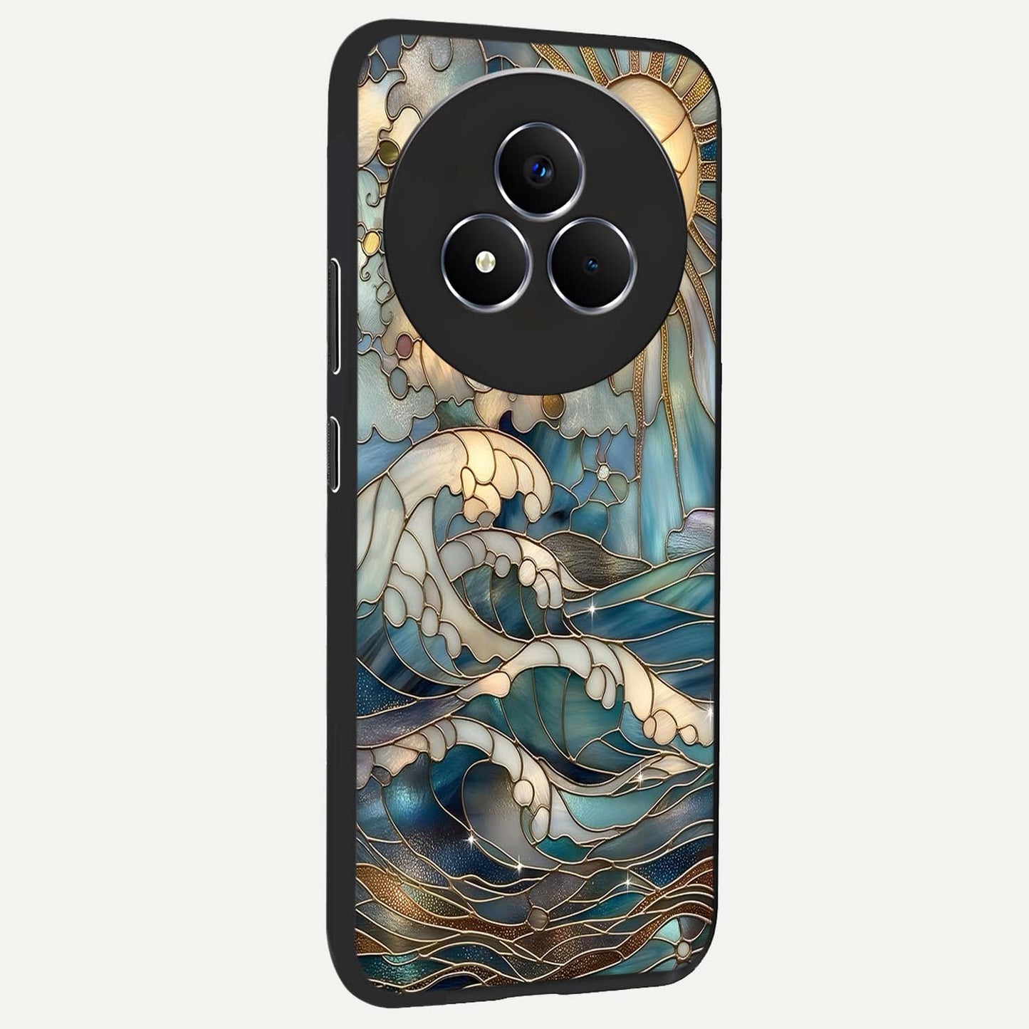 Oceanic Stained Printed Glass Case upright view showcasing decorative ocean pattern artwork with vibrant marine theme.