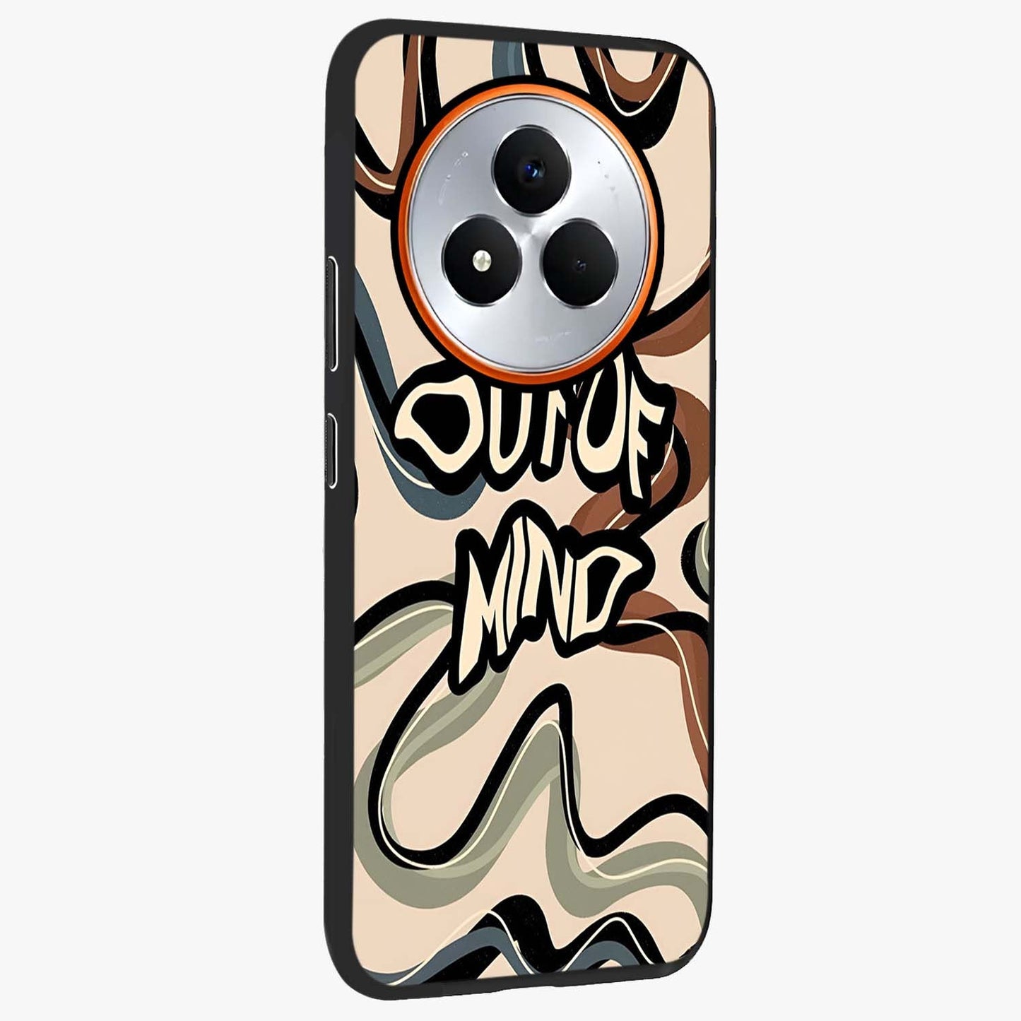 Out Of Mind Glass Case upright view showcasing striking typography artwork with edgy conceptual theme.