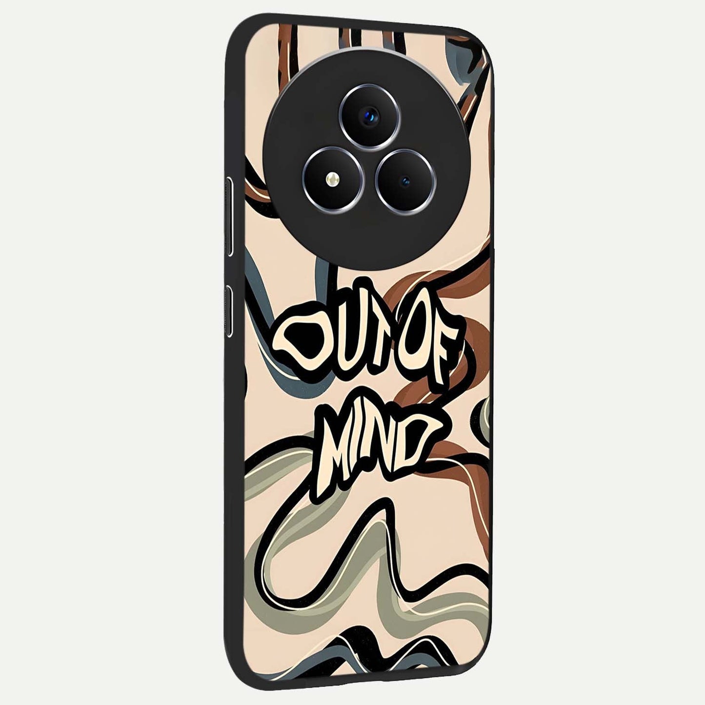 Out Of Mind Glass Case upright view showcasing striking typography artwork with edgy conceptual theme.