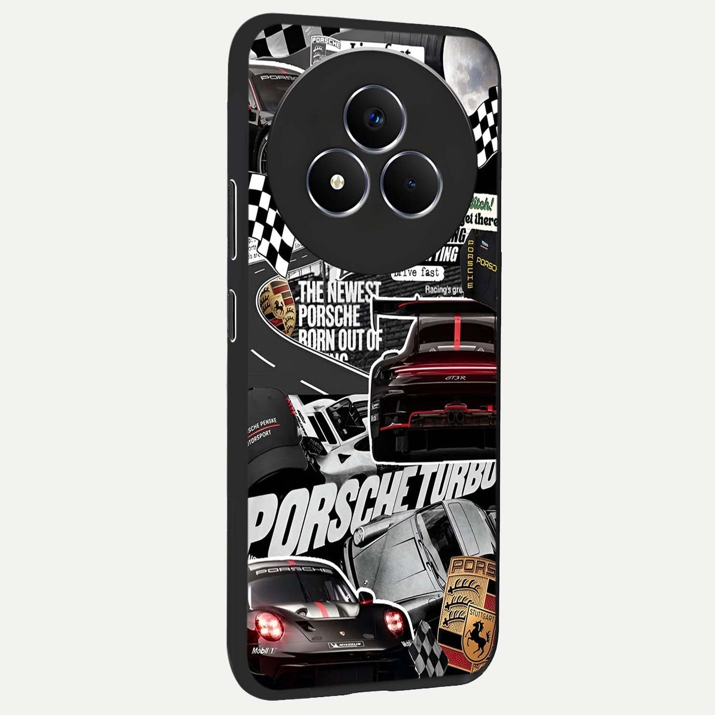 Porsche Racing Collage Glass Case upright view showcasing energetic car collage artwork with high speed racing theme.
