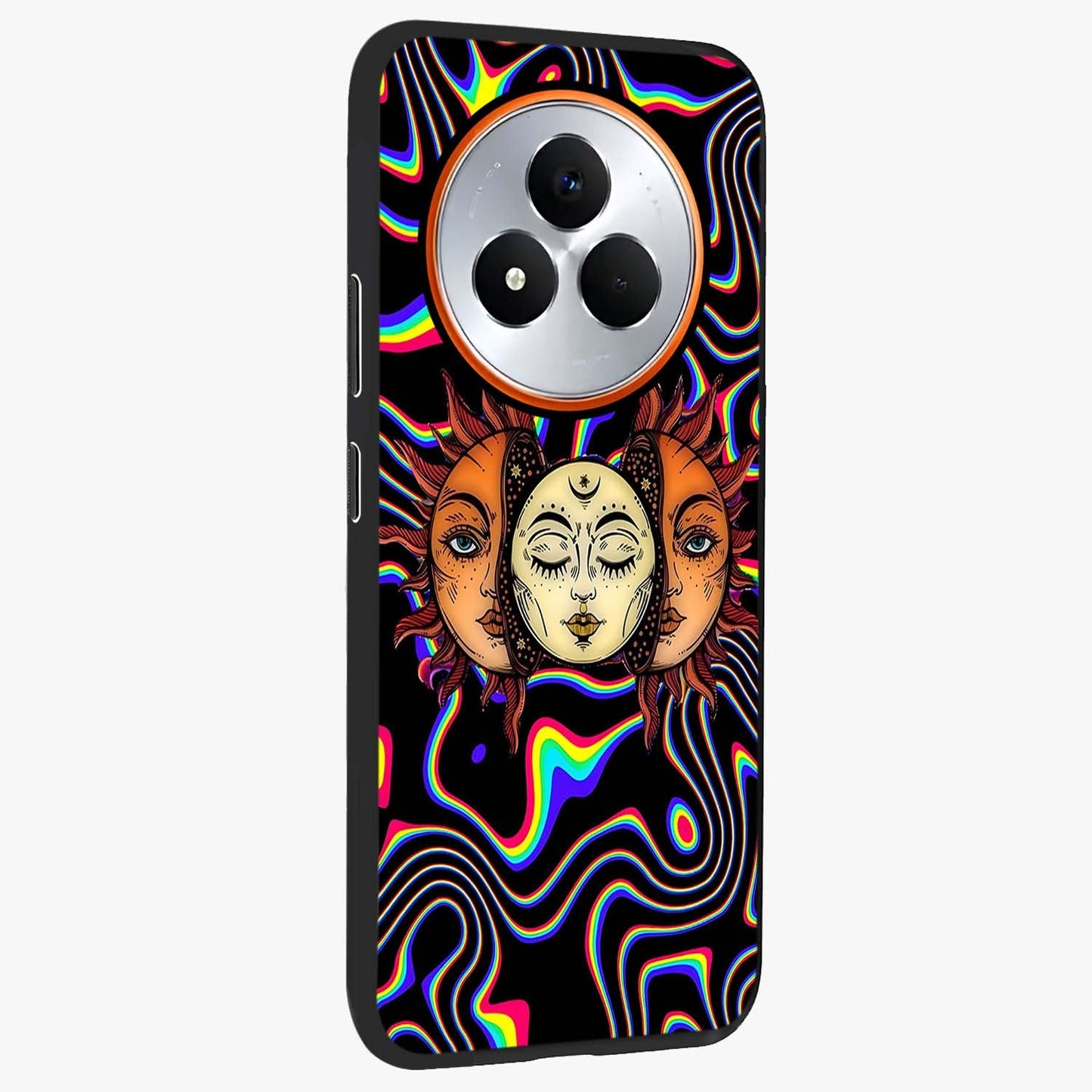 Psychedelic Sun Glass Case upright view showcasing trippy sun artwork with bold psychedelic theme.