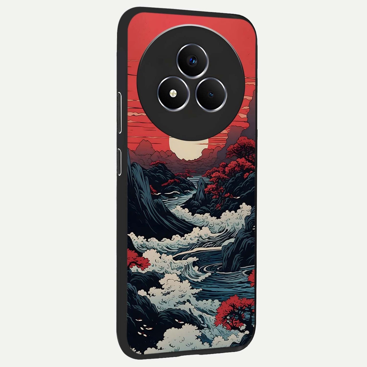 Red Sunset Scenery Glass Case upright view showcasing dramatic sunset scenery artwork with warm nature theme.