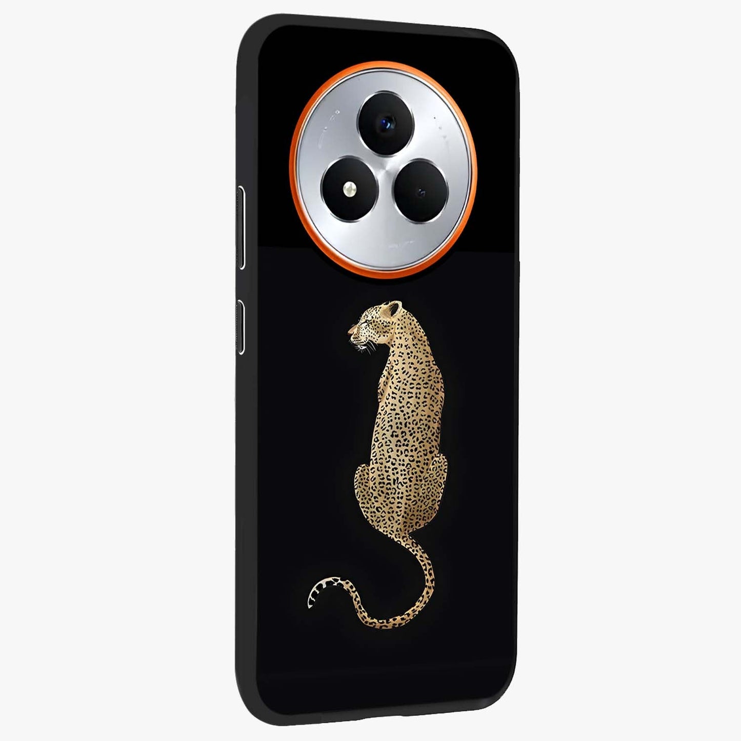 Regal Leopard Glass Case upright view showcasing striking leopard artwork with fierce wildlife theme.