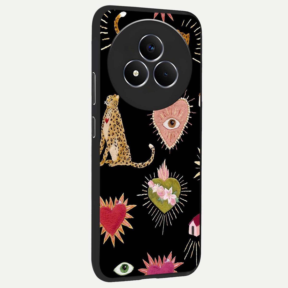 Sacred Jungle Heart Glass Case upright view showcasing vibrant jungle artwork with symbolic heart theme.