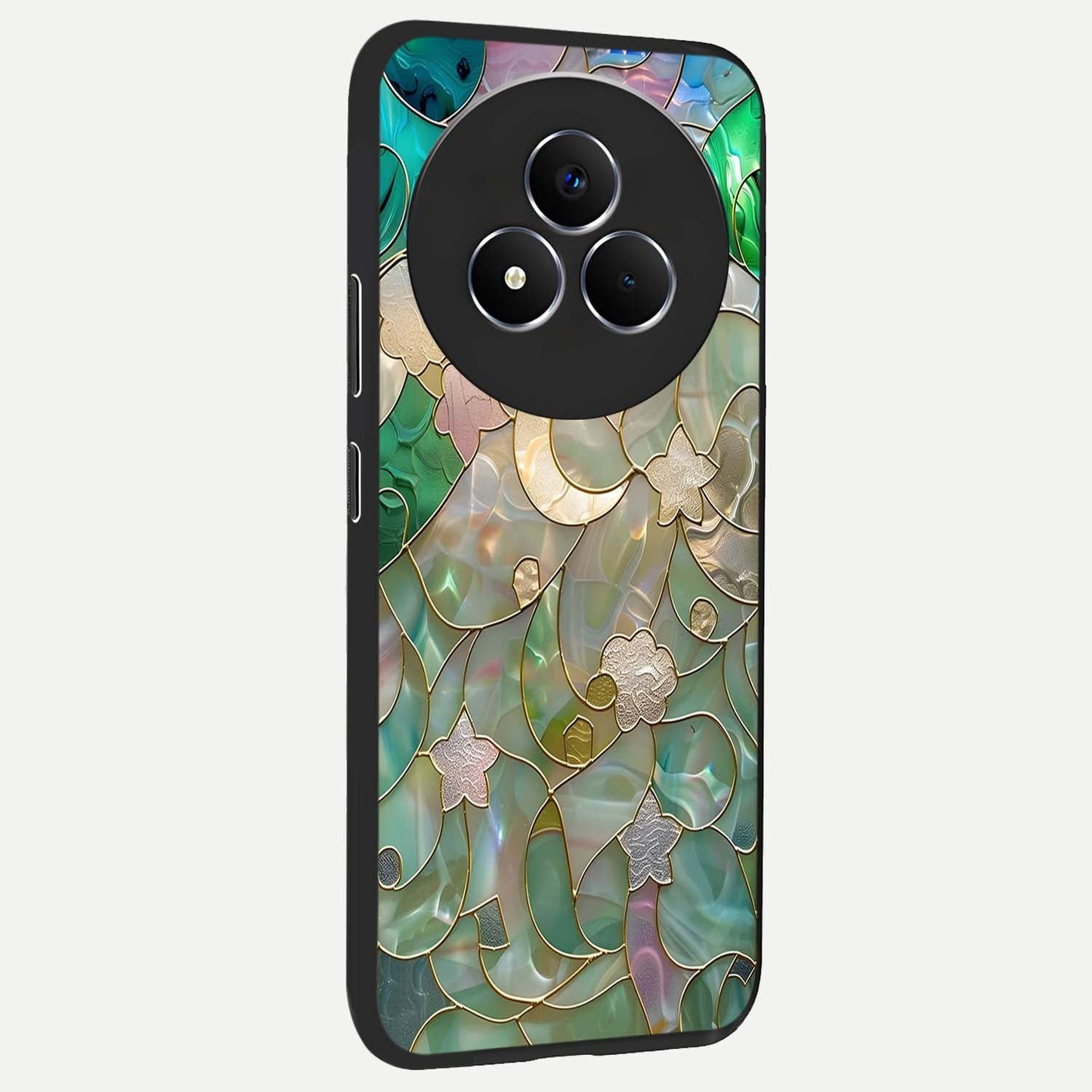 Stained Sunrise Glow Glass Case upright view showcasing colorful sunrise artwork with warm morning theme.