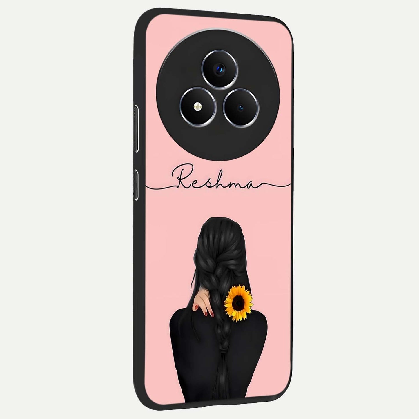 Sunflower Braid Beauty With Custom Name Glass Case upright view showcasing bright sunflower artwork with personalized floral aesthetic.