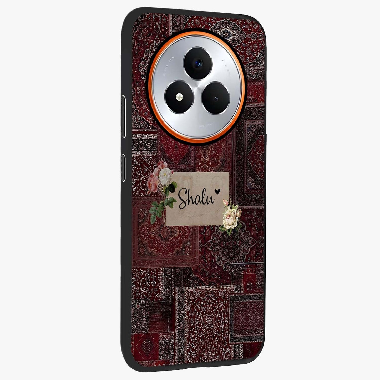 Velvet Wine Pattern Custom Name Glass Case upright view showcasing luxurious wine toned artwork with personalized aesthetic.