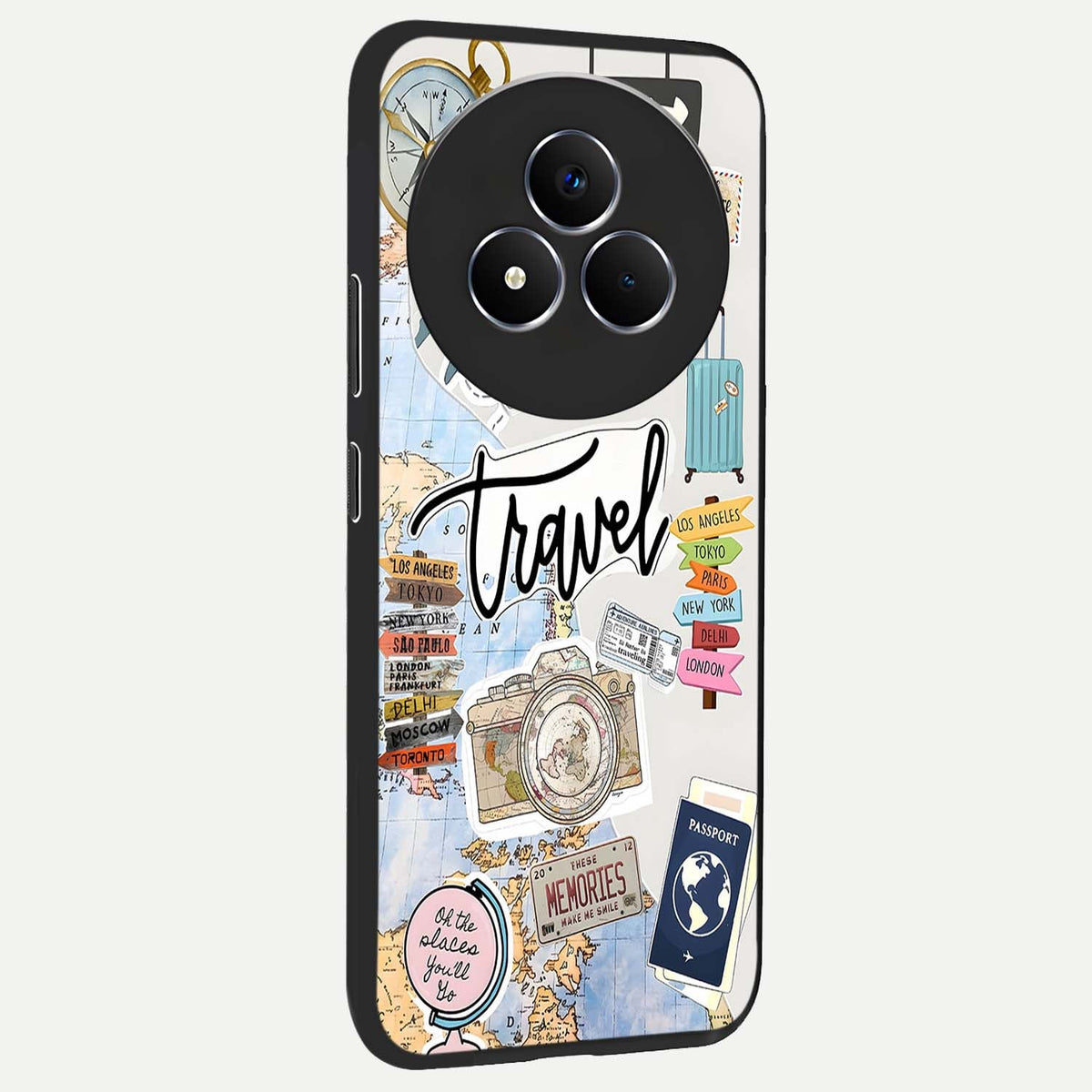 Wanderlust Journal Glass Case upright view showcasing wanderlust inspired artwork with creative exploration theme.