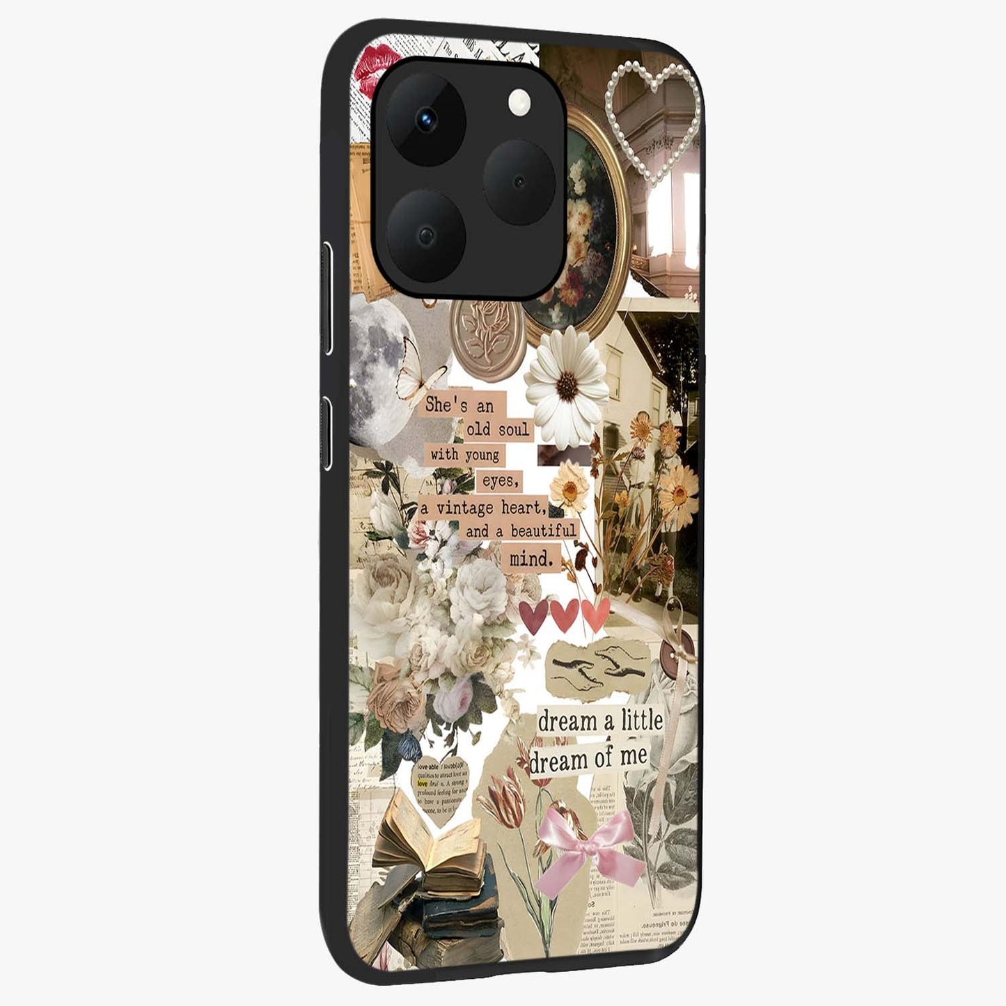 Aesthetic Brown Vintage Collage Glass Case upright view showcasing nostalgic retro artwork with stylish vintage theme.