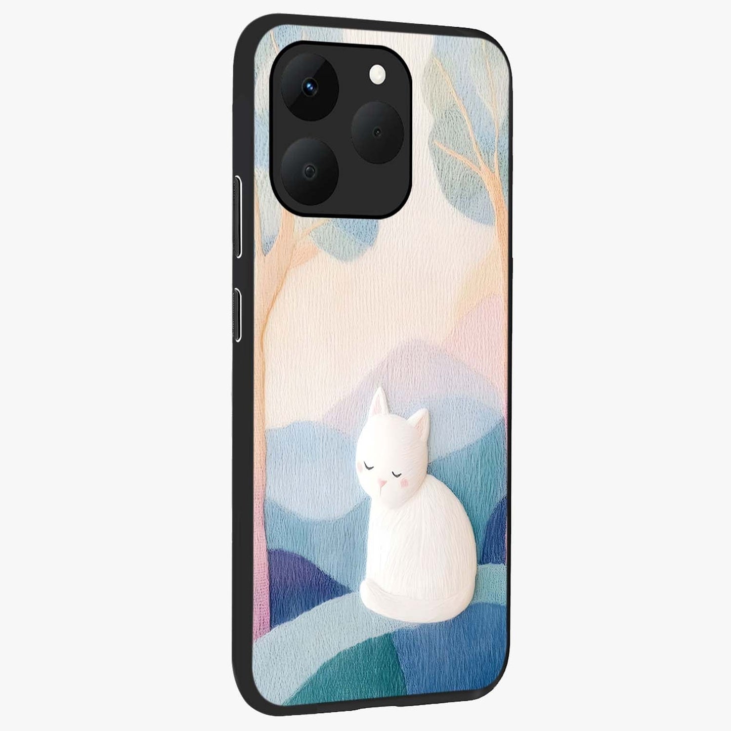 Cotton Dream Cat Glass Case upright view showcasing charming cat artwork with cozy dreamy theme.