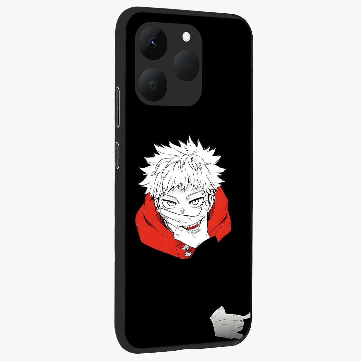 Crimson Chaos Smile Glass Case upright view showcasing expressive chaotic artwork with striking visual theme.