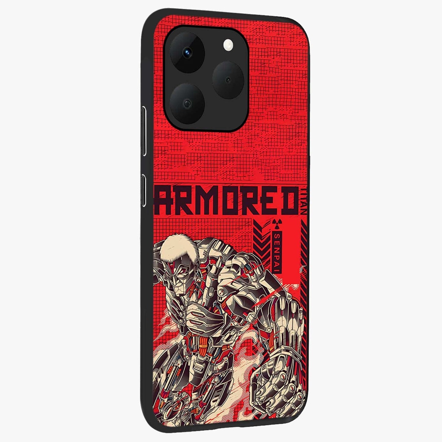 Crimson Mecha Titan Glass Case upright view showcasing dynamic robotic titan design with sci-fi inspired theme.