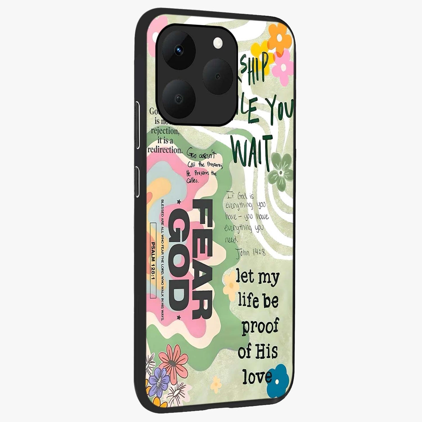 Faith Over Fear Glass Case upright view showcasing bold typography artwork with uplifting motivational theme.