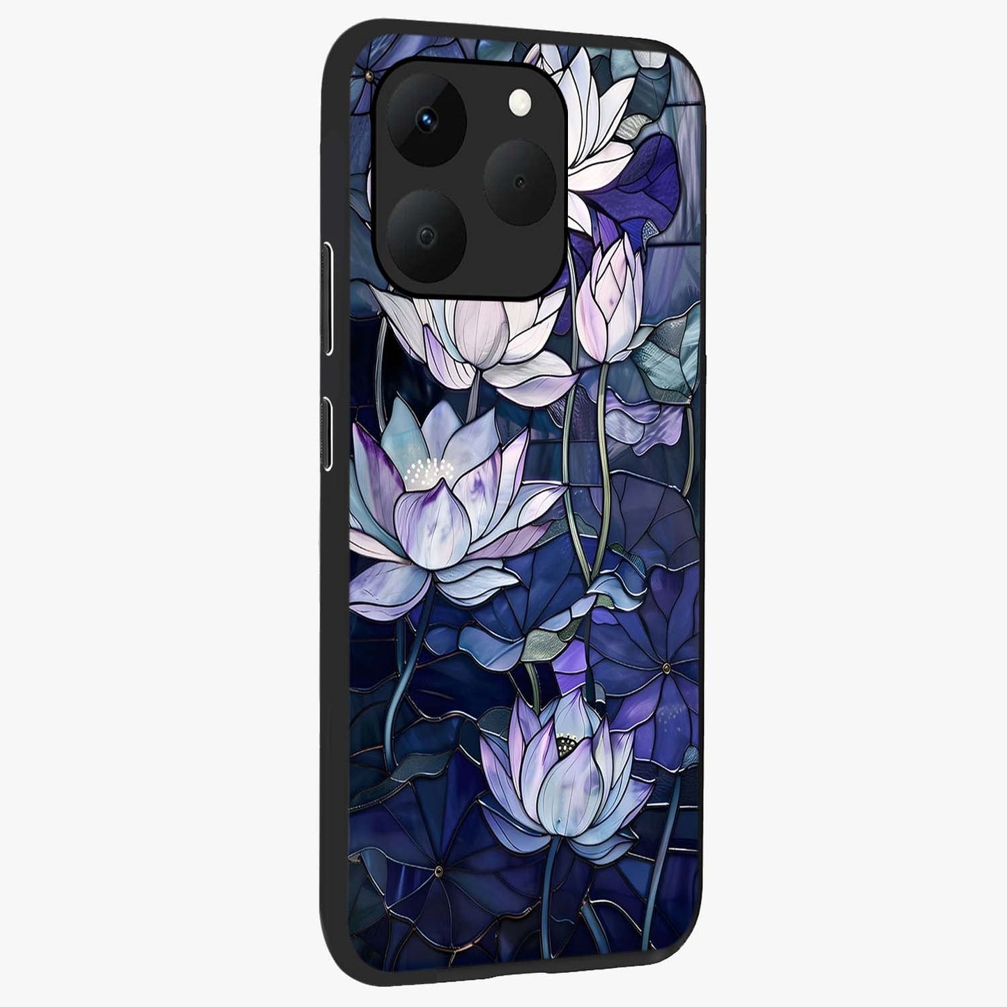 Gloss Petal Rush Glass Case upright view showcasing dynamic floral petal artwork with modern botanical theme.