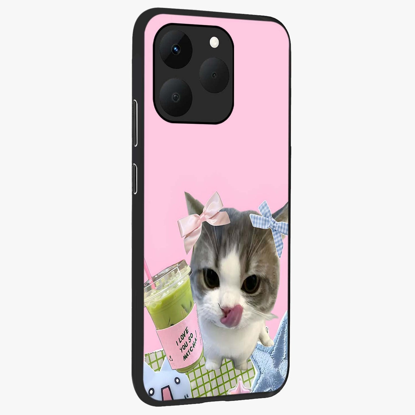 Love Matcha Cat Glass Case upright view showcasing adorable cat artwork with charming matcha themed design.