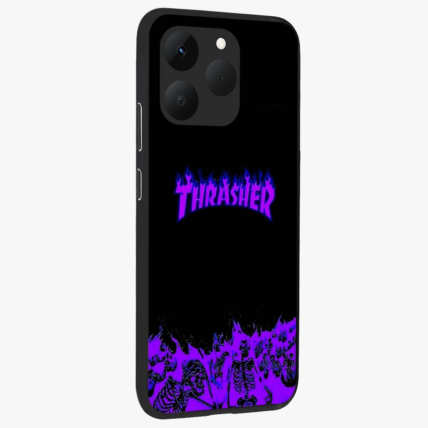 Neon Flame Riot Glass Case upright view showcasing dynamic flame artwork with energetic neon theme.