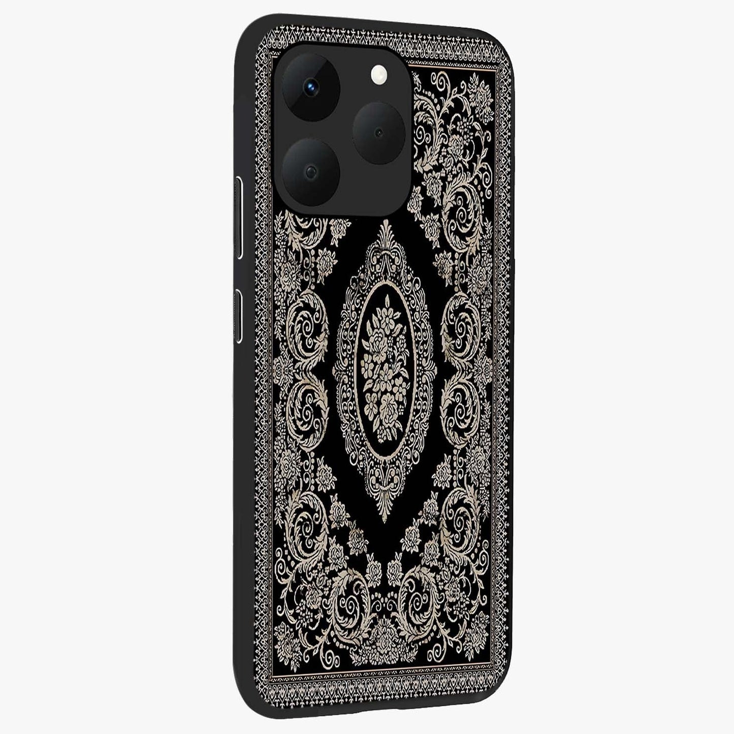 Noir Bloom Elegance Glass Case upright view showcasing graceful floral artwork with luxurious dark theme.