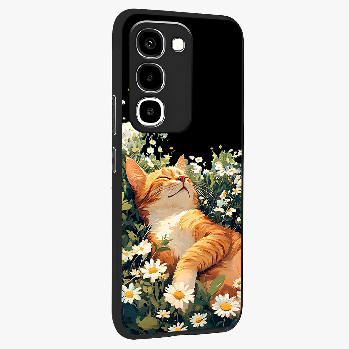 Blissful Bloom Cat Glass Case upright view showcasing charming cat design surrounded by blooming floral elements.