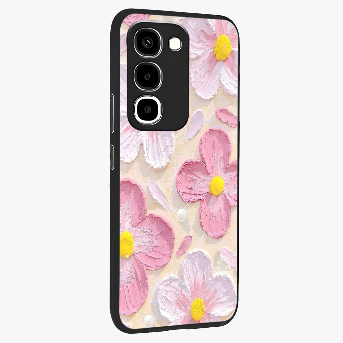 Blush Bloom Texture Glass Case upright view showcasing delicate blush floral texture with modern minimal style.