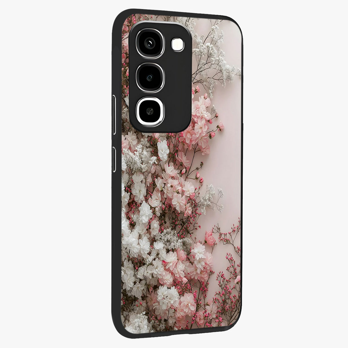 Blush Blossom Cloud Glass Case upright view showcasing calm floral cloud artwork with gentle dreamy theme.