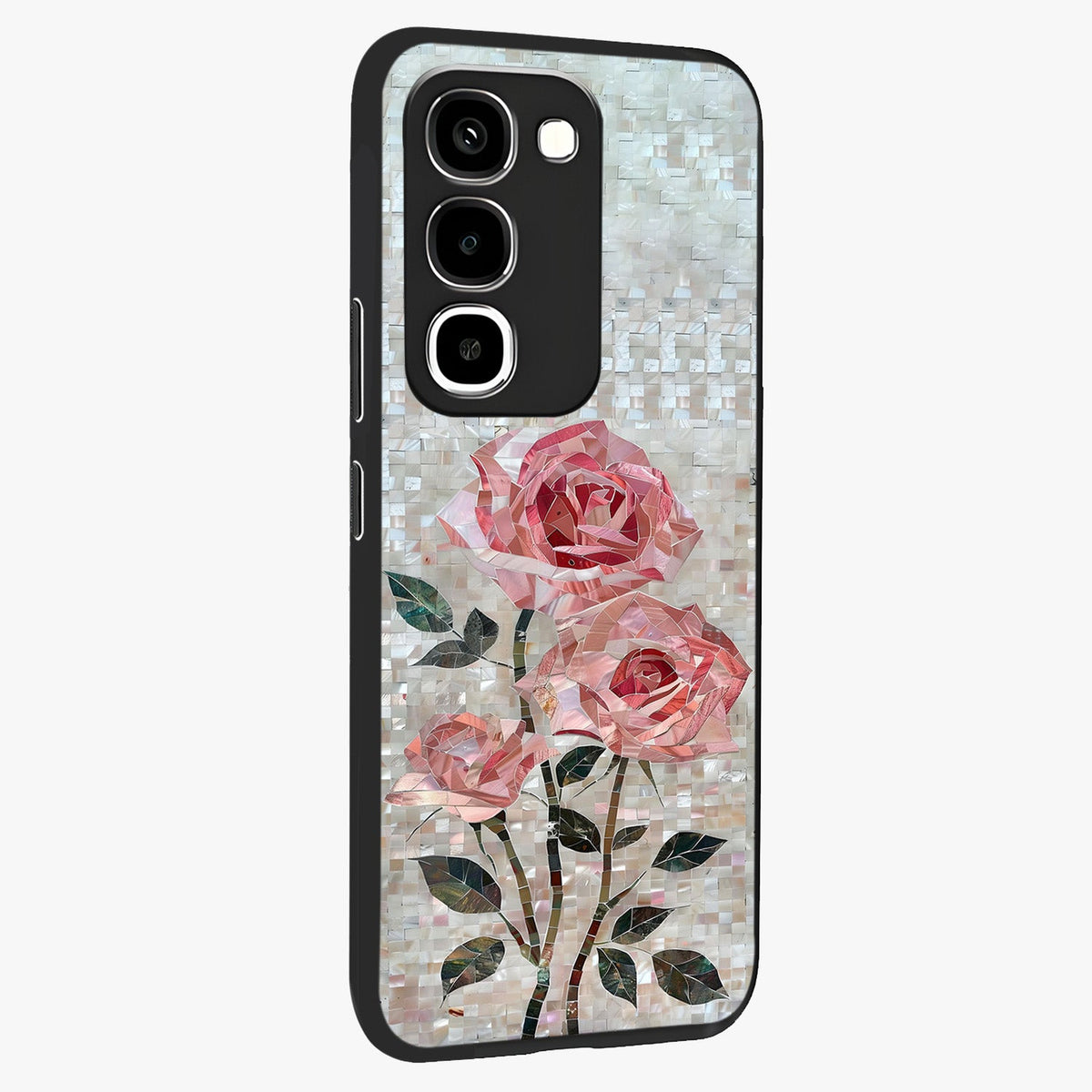 Blush Mosaic Bloom Glass Case upright view showcasing decorative floral mosaic artwork with stylish modern aesthetic.