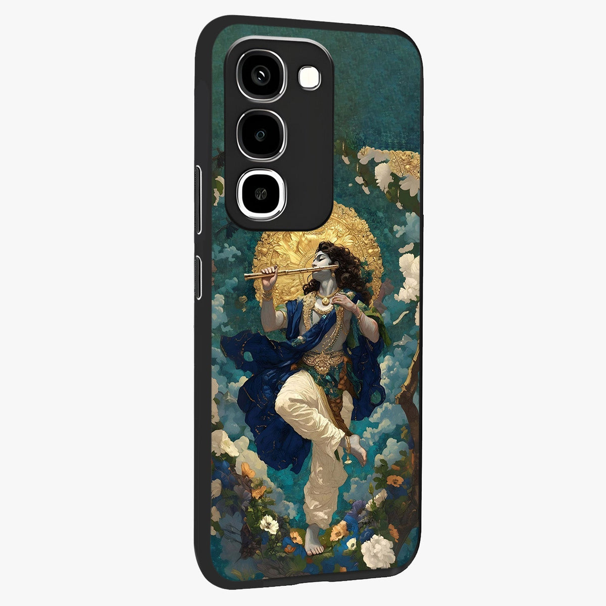 Divine Krishna Art Glass Case upright view showcasing divine Krishna artwork with sacred artistic theme.