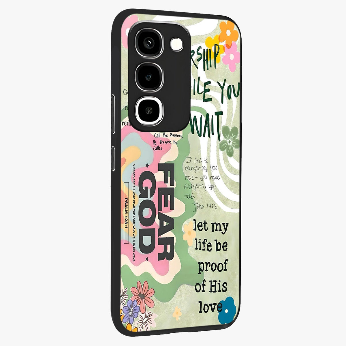 Faith Over Fear Glass Case upright view showcasing bold typography artwork with uplifting motivational theme.