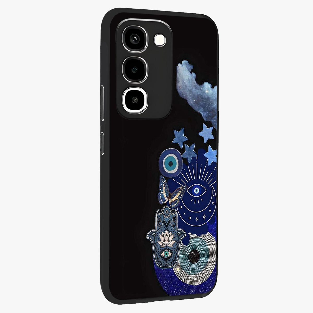 Galactic Charm Cluster Glass Case upright view showcasing glowing cosmic charm artwork with magical celestial style.