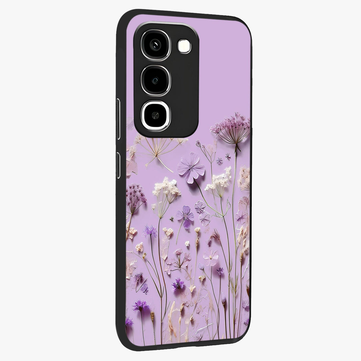 Lavender Blossom Dream Glass Case upright view showcasing delicate lavender blossom artwork with peaceful floral theme.