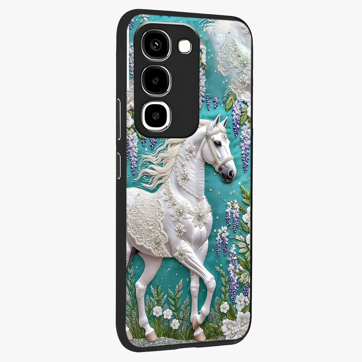 Majestic Floral Stallion Glass Case upright view showcasing dramatic horse artwork with decorative floral theme.