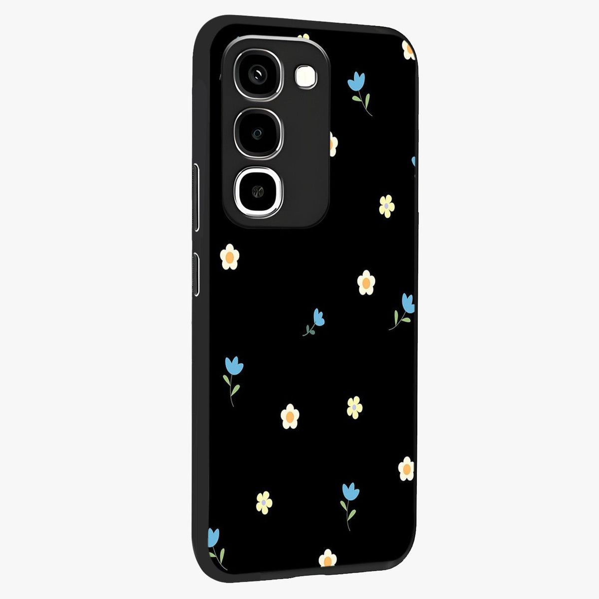Minimal Petal Whispers Glass Case upright view showcasing elegant floral artwork with modern minimalist style.