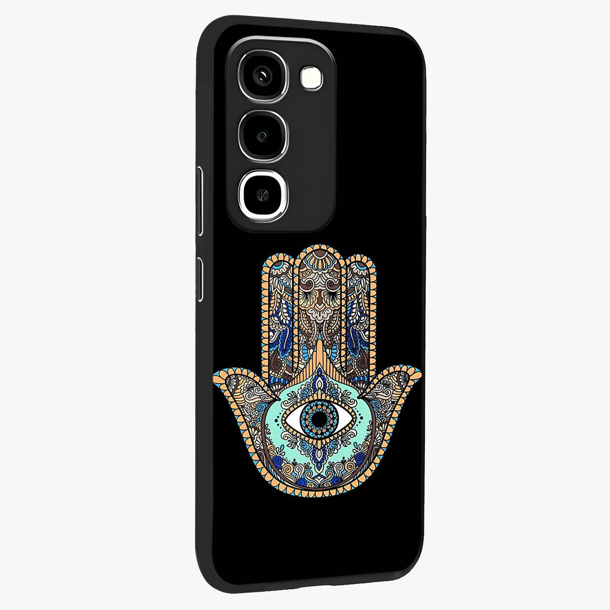 Mystic Hamsa Eye Glass Case upright view showcasing detailed hamsa eye artwork with protective spiritual theme.