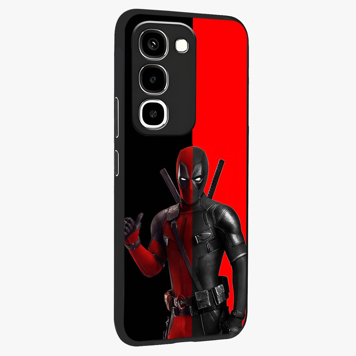 Red & Black Deadpool Theme Glass Case upright view showcasing energetic comic themed artwork with striking red and black design.