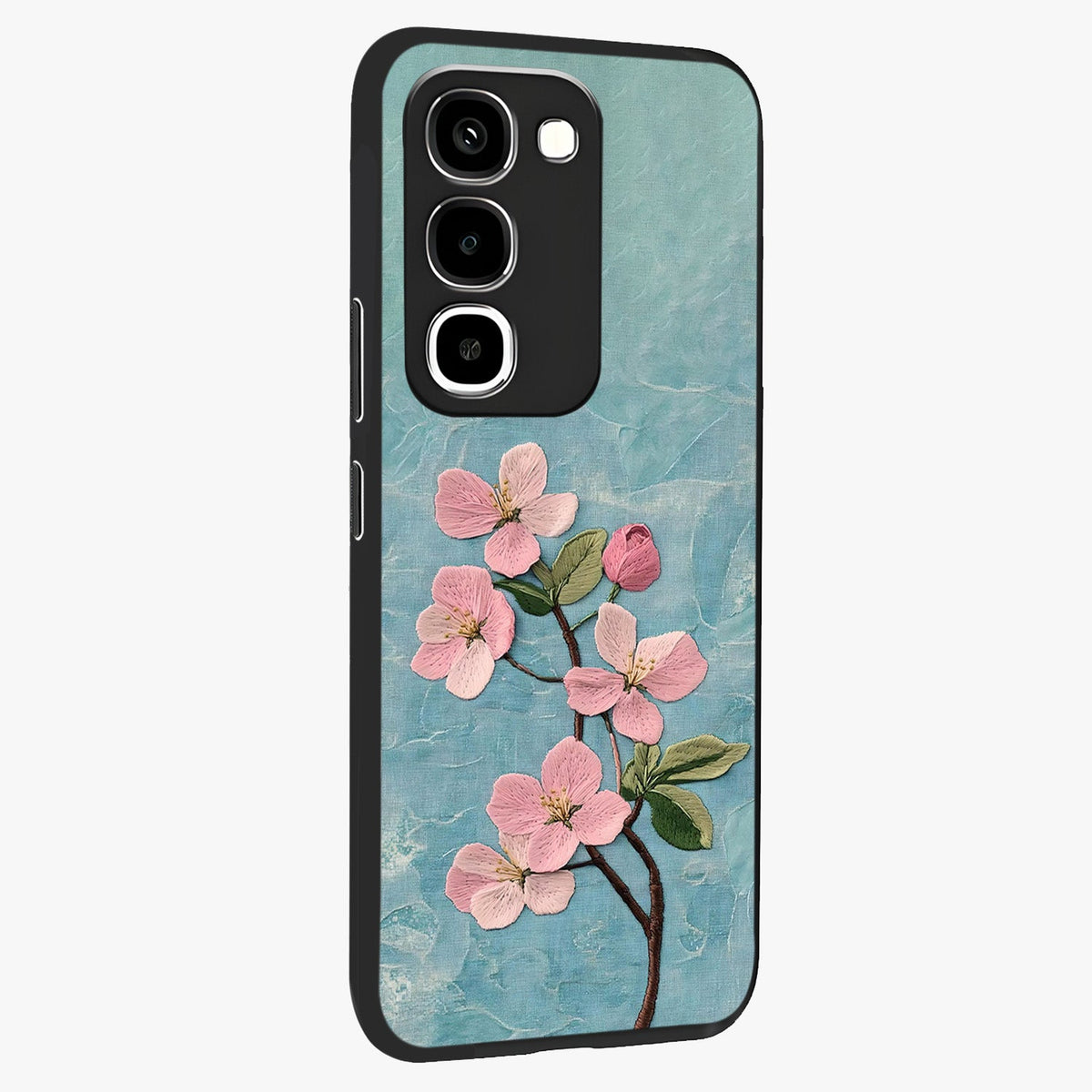 Threaded Blossom Breeze Glass Case upright view showcasing graceful flower artwork with calm botanical theme.