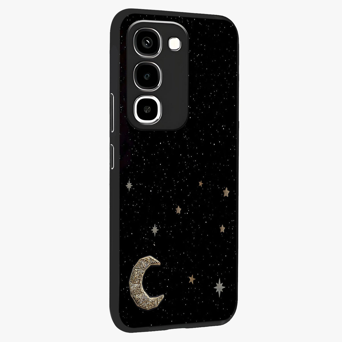 Twinkle Star With Half Moon Glass Case upright view showcasing glowing cosmic artwork with dreamy night theme.