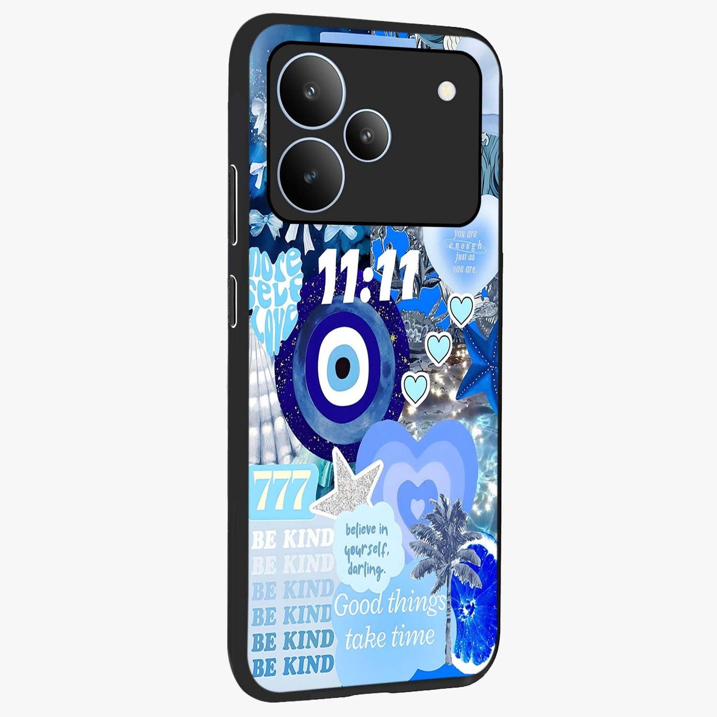 Aesthetic Be Kind Eye Glass Case upright view showcasing stylish eye illustration with positive message theme.