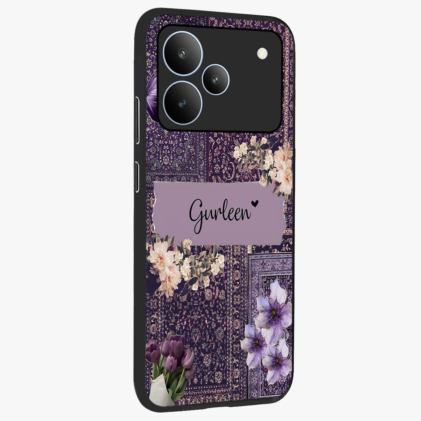 Antique Floral Whisper Custom Name Glass Case upright view showcasing delicate floral artwork with custom name feature.