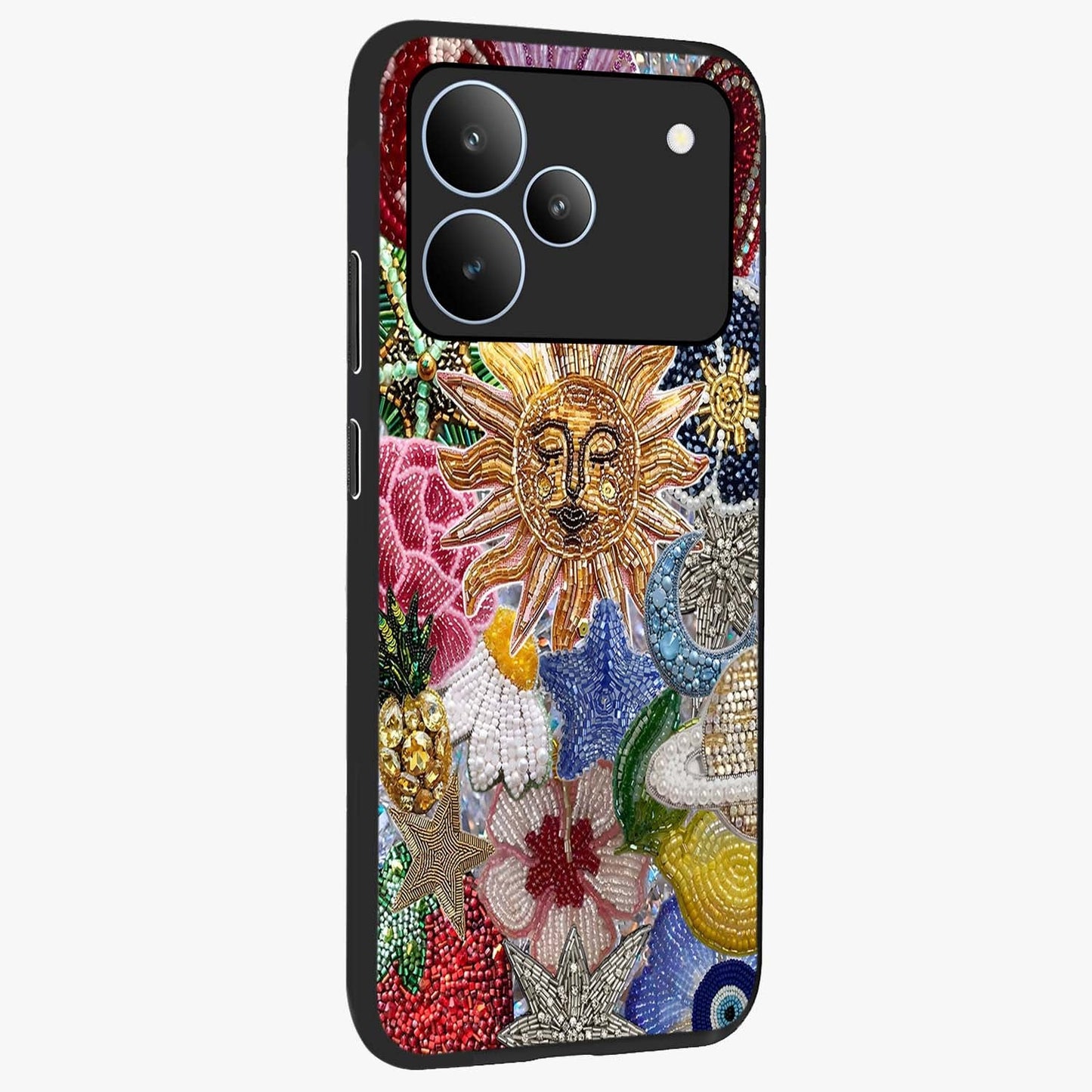 Celestial Floral and Playful Glass Case upright view showcasing whimsical floral artwork with cosmic aesthetic theme.
