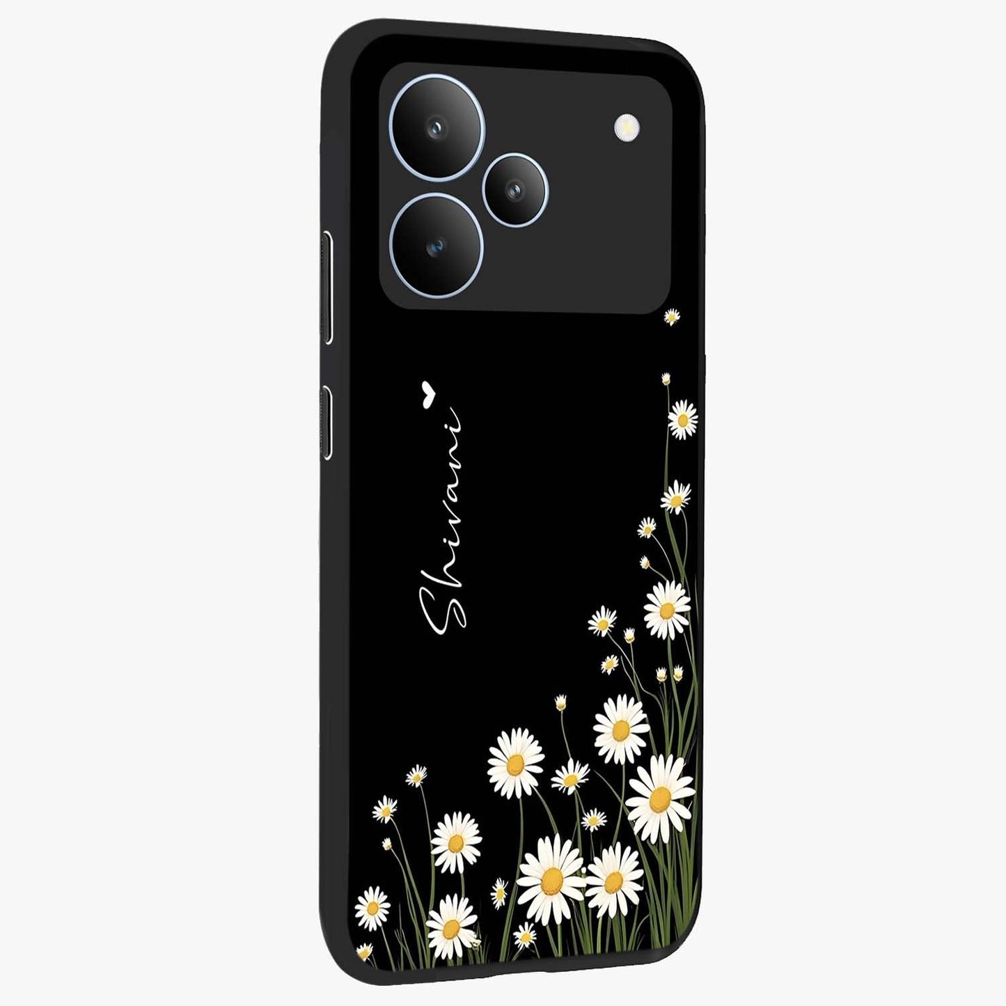 Daisy Cascade Custom Name Glass Case upright view showcasing elegant floral cascade design with personalized aesthetic.
