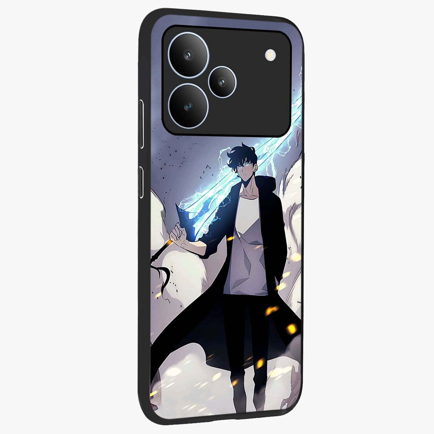 Dark Lightning Anime Warrior Glass Case upright view showcasing dramatic warrior artwork with dark lightning aesthetic.