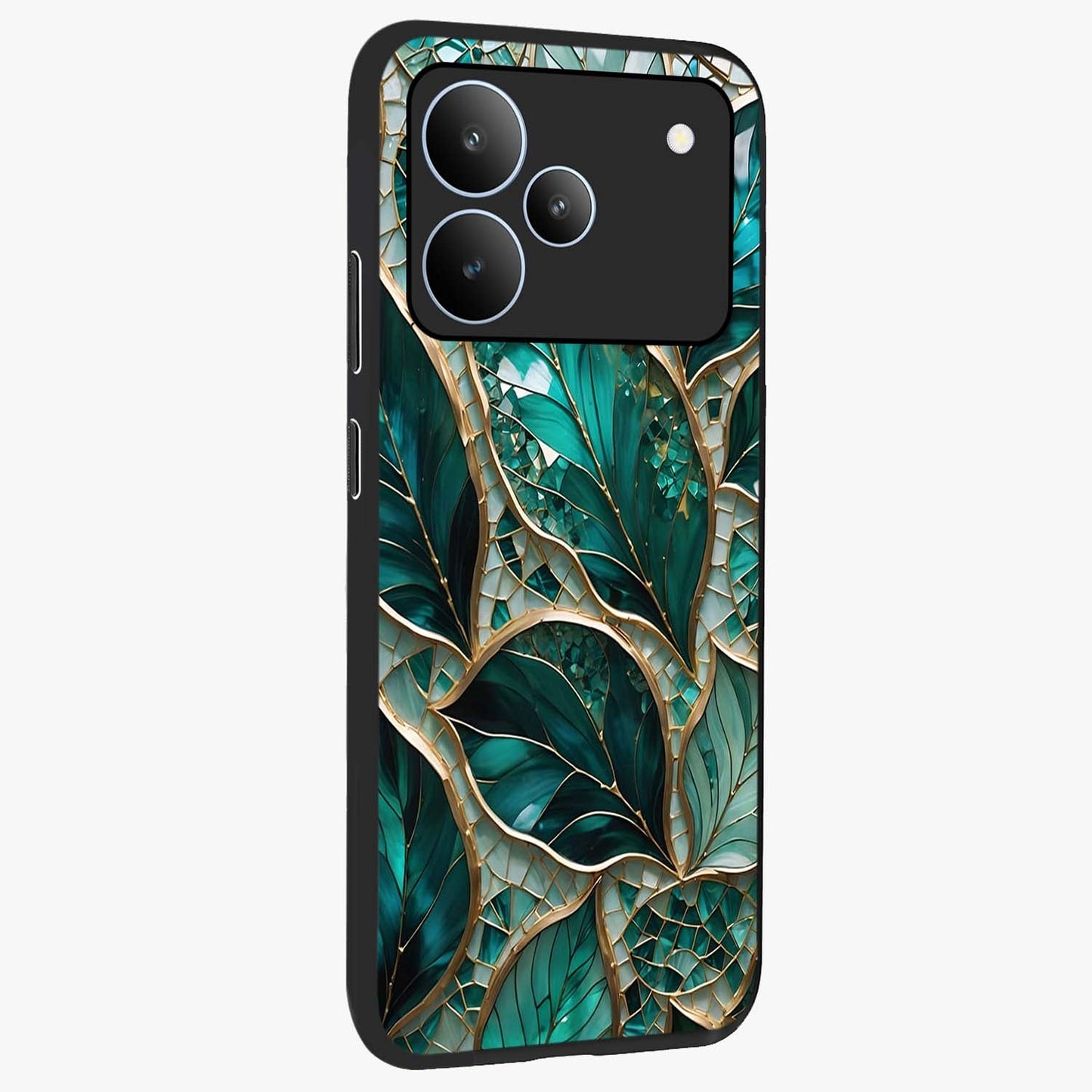 Emerald Leaf Glass Glass Case upright view showcasing fresh green leaf artwork with calming nature inspired style.