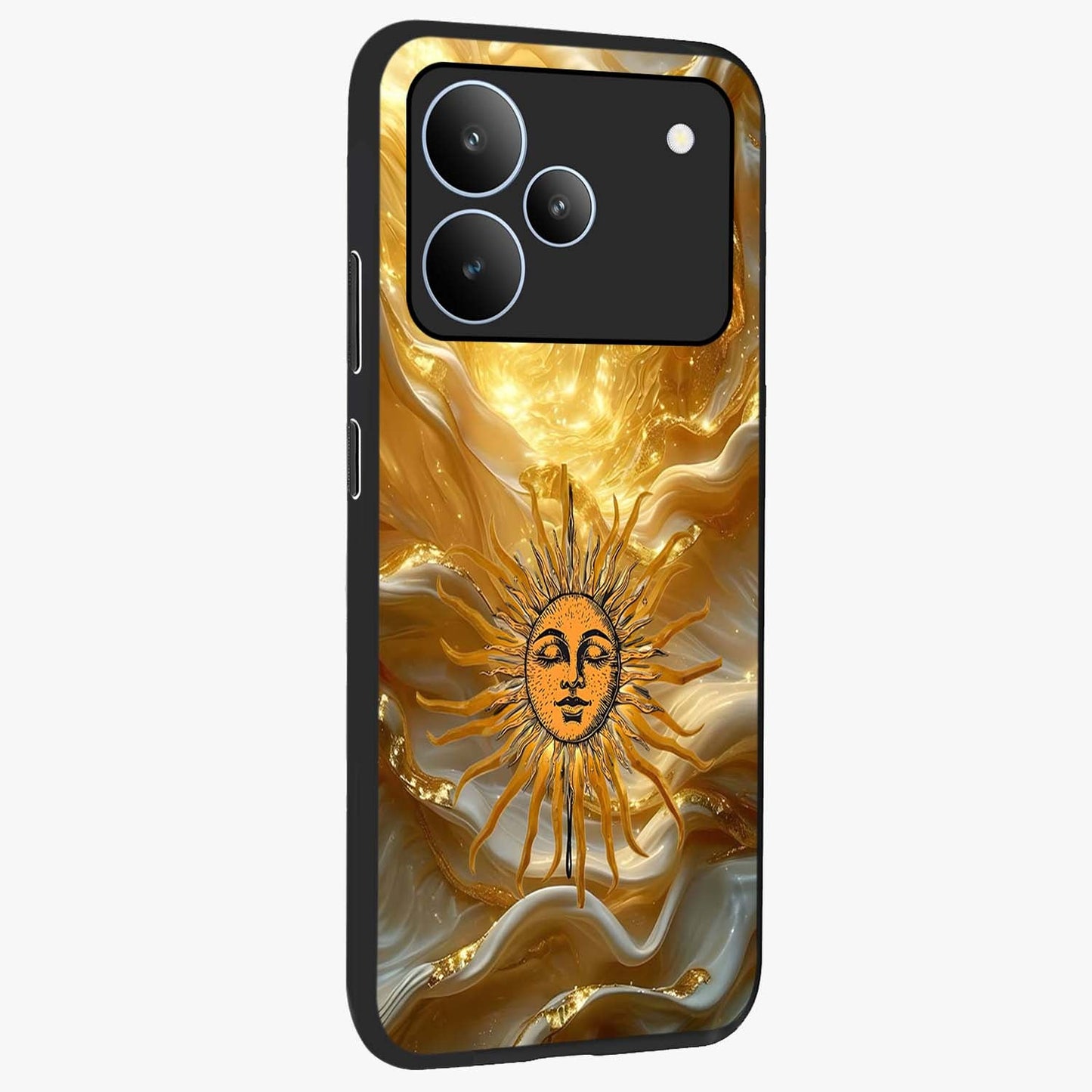 Eternal Golden Glow Glass Case upright view showcasing luminous golden artwork with luxurious visual theme.