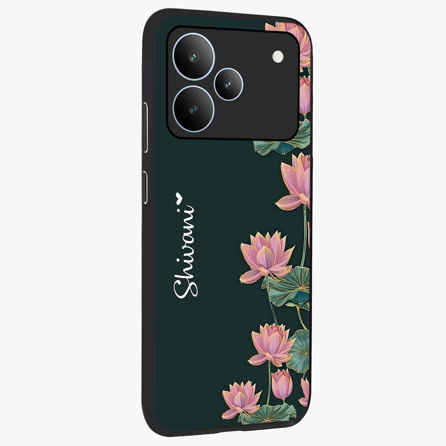 Lotus Bloom Serenity Custom Name Glass Case upright view showcasing serene lotus bloom artwork with personalized floral aesthetic.